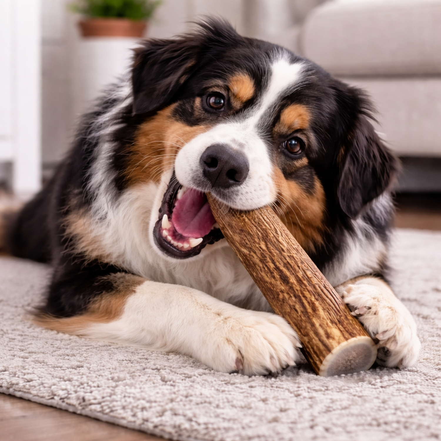 Bernese Mountain Dog chewing a natural elk antler dog chew indoors, from the Elk Antler collection