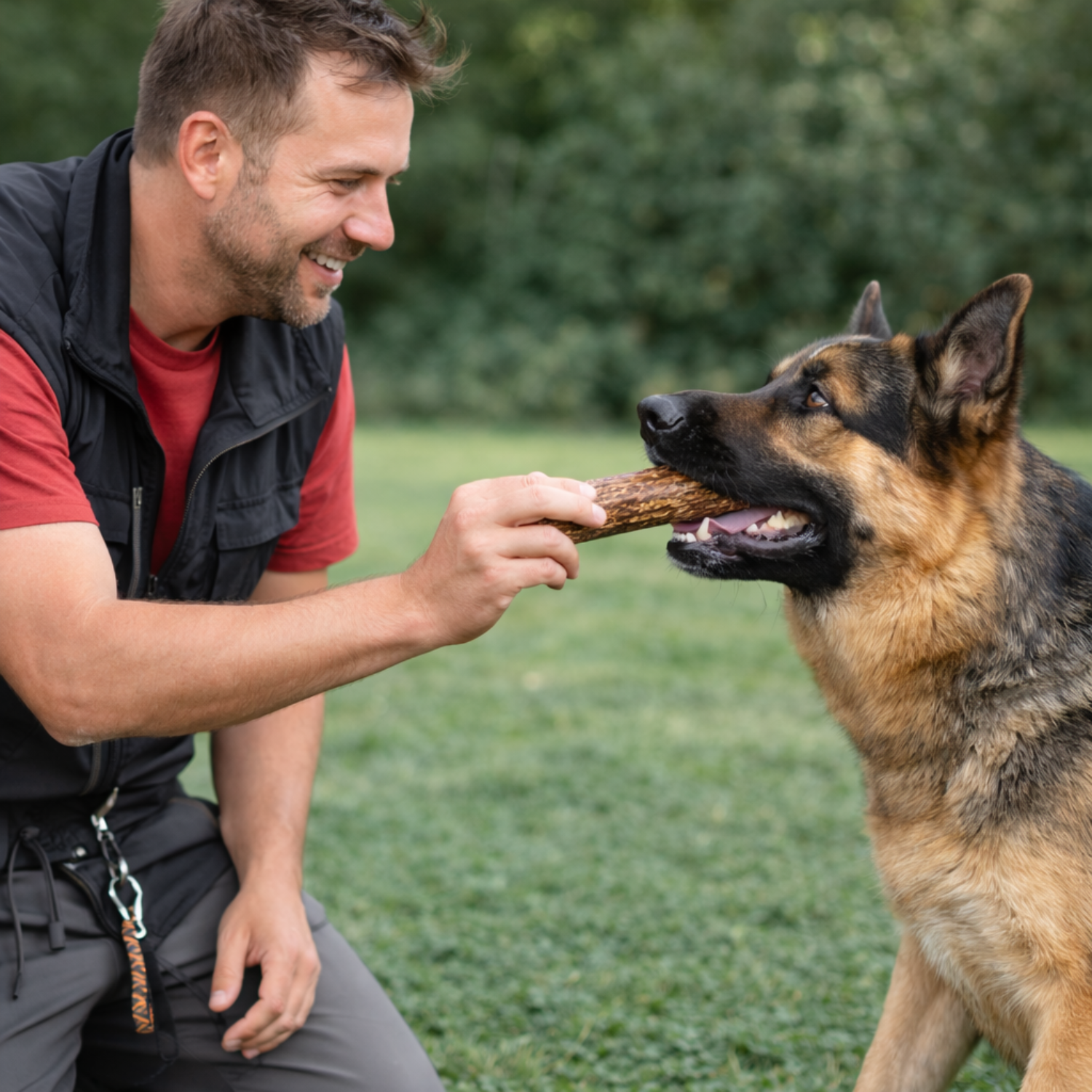 Man holding a natural elk antler dog chew while a German Shepherd chews it outdoors, from the Elk Antler collection