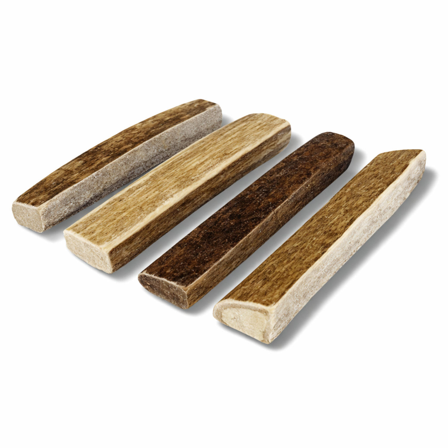 Grade A premium quality elk antler dog chews, extra small split pieces in a 3–4 pack, naturally shed antlers with exposed marrow, shown on a white background