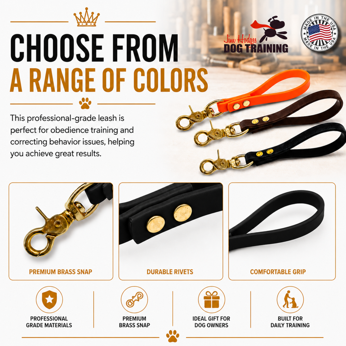Professional Biothane dog training tab available in multiple colors including orange, brown, and black with premium brass snap hardware. Waterproof K9 pull tab leash designed for obedience training, behavior correction, recall work, and daily dog handling. Features durable rivets, comfortable grip, and made in USA professional-grade materials for trainers and dog owners.