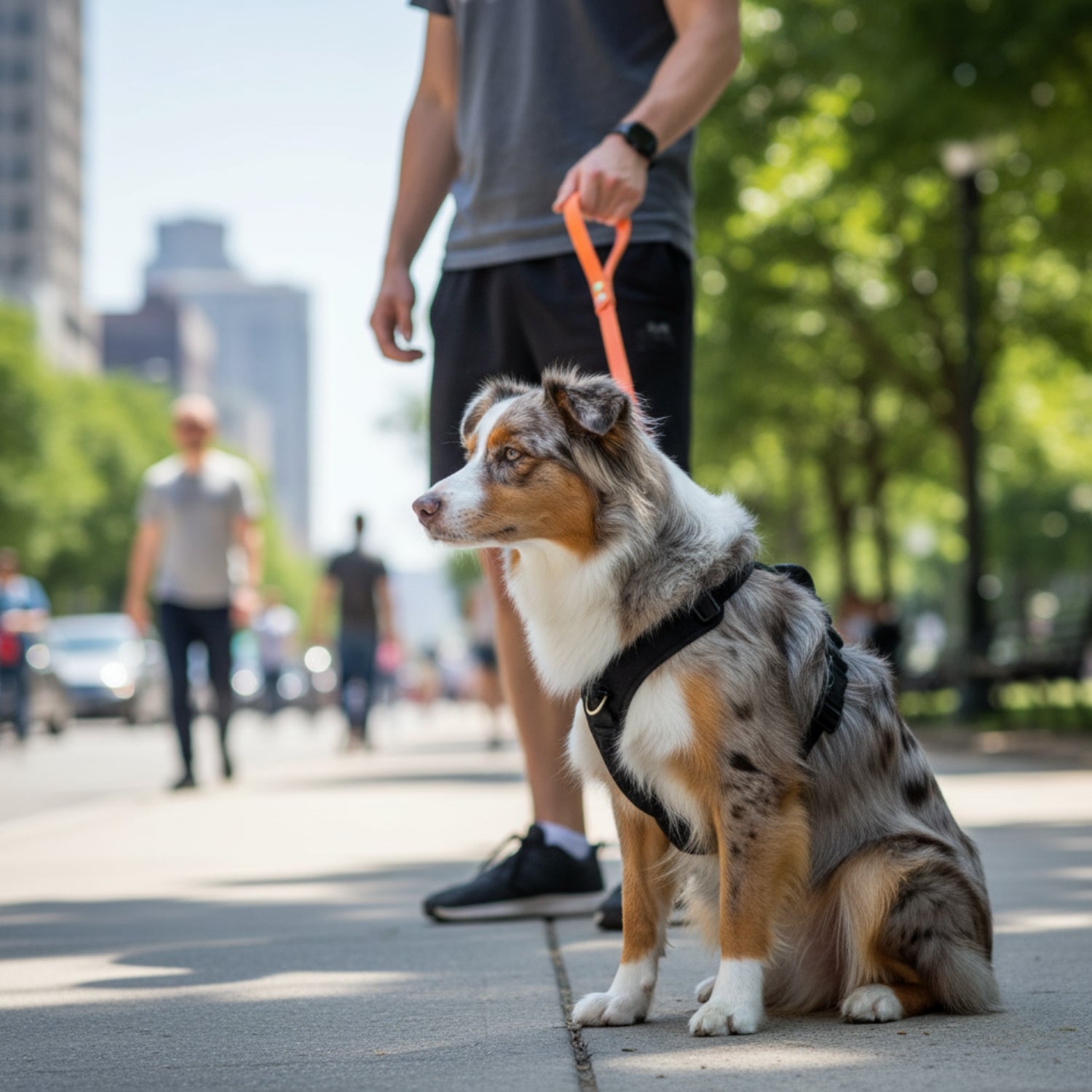 Australian Shepherd sitting on a city sidewalk wearing a harness and leash beside its owner during an outdoor walk.