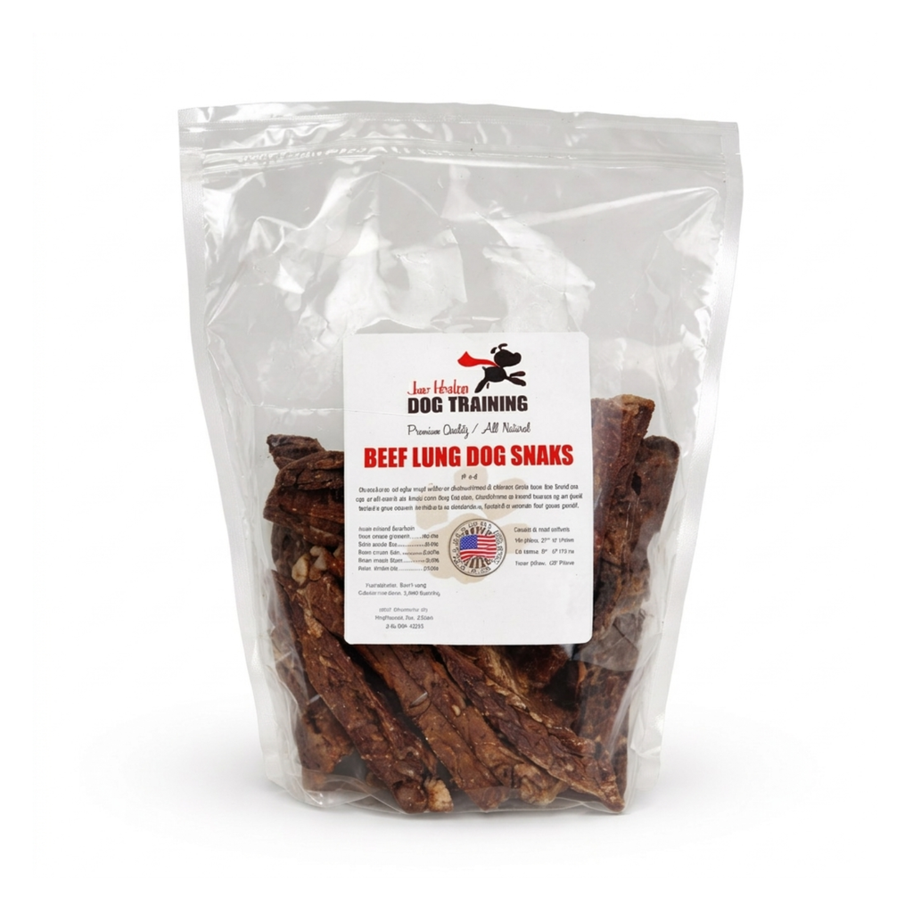 Beef Lung Dog Treats in resealable bag, single ingredient dehydrated beef lung made in the USA, high protein dog training treats