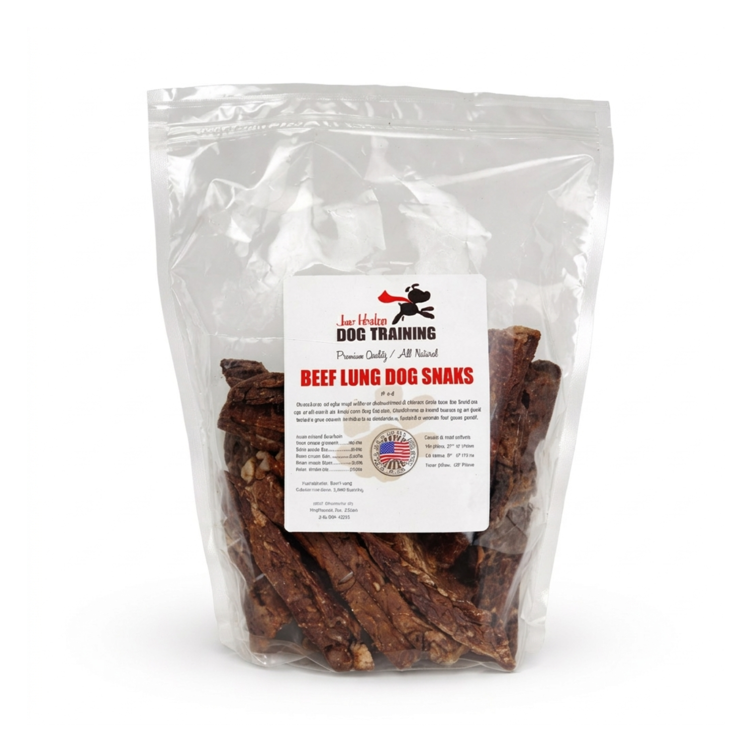 Beef Lung Dog Treats in resealable bag, single ingredient dehydrated beef lung made in the USA, high protein dog training treats