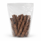 Transparent resealable bag filled with dehydrated beef lung dog treats, single ingredient high protein dog snacks made in the USA
