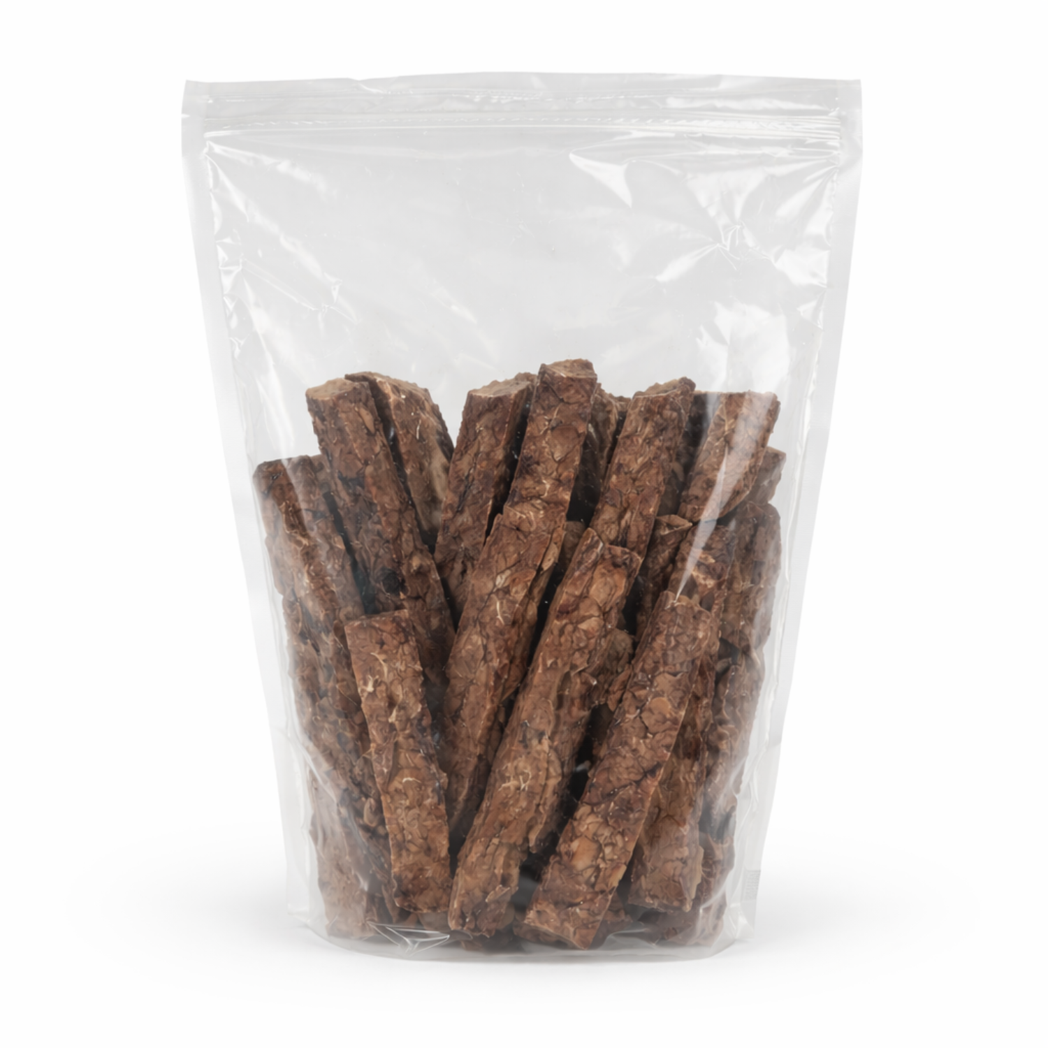 Transparent resealable bag filled with dehydrated beef lung dog treats, single ingredient high protein dog snacks made in the USA