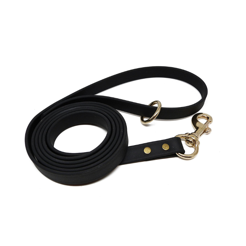 Black Biothane dog leash with brass hardware and loop handle, waterproof and durable for training and everyday walks.