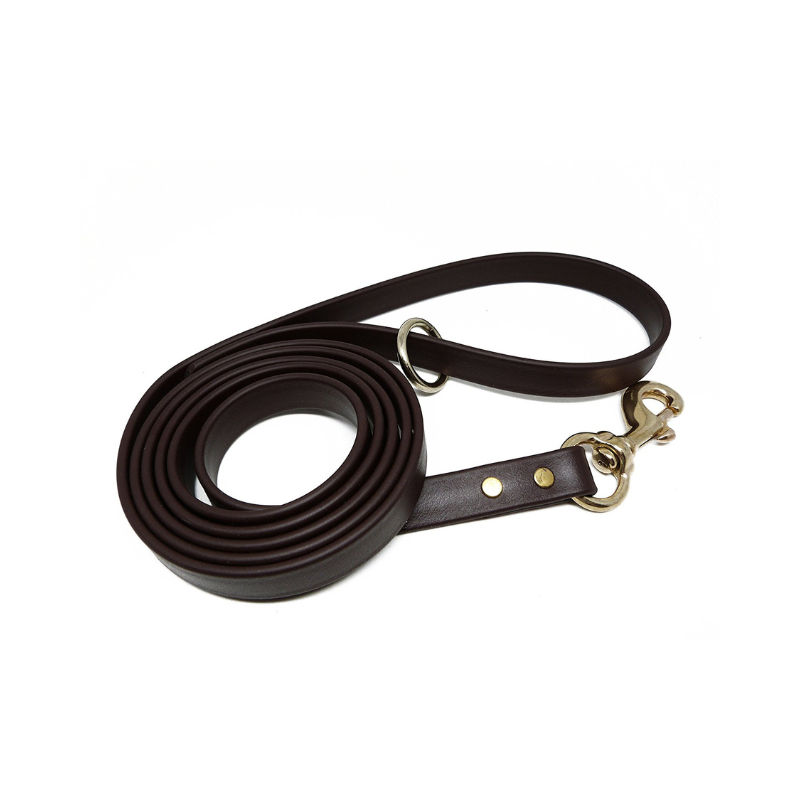 Brown Biothane dog leash with brass hardware and loop handle, waterproof, odor-resistant, and perfect for training or walking.