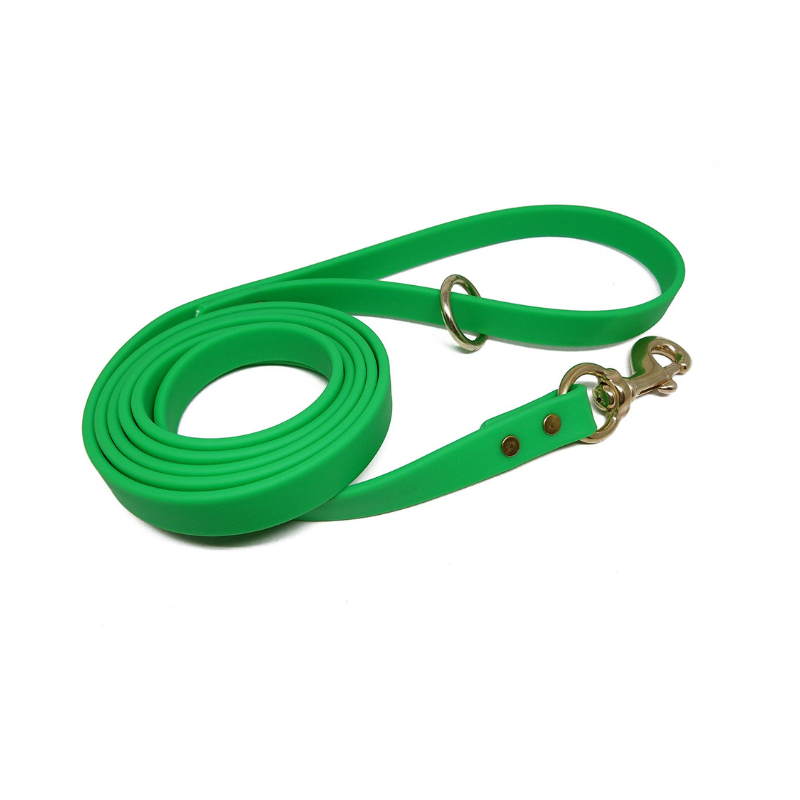 Green Biothane dog leash with brass hardware and D-ring handle, waterproof and odor-resistant training and walking lead.