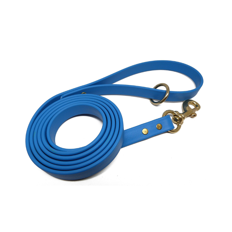 Light blue Biothane dog leash with brass snap hook and D-ring handle, waterproof, odorproof, and durable for training or walking.
