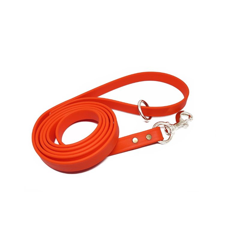 Orange Biothane dog leash with durable metal clasp and D-ring handle, waterproof, odorproof, and strong for daily walks or training.