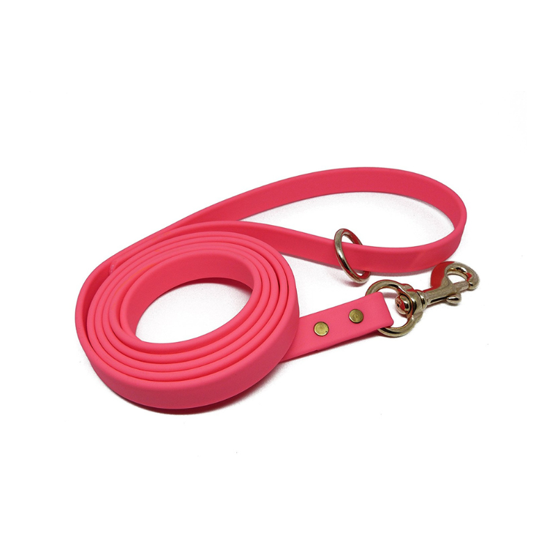 Pink Biothane dog leash with brass hardware, waterproof, odorproof, and durable for training, walking, and outdoor activities.
