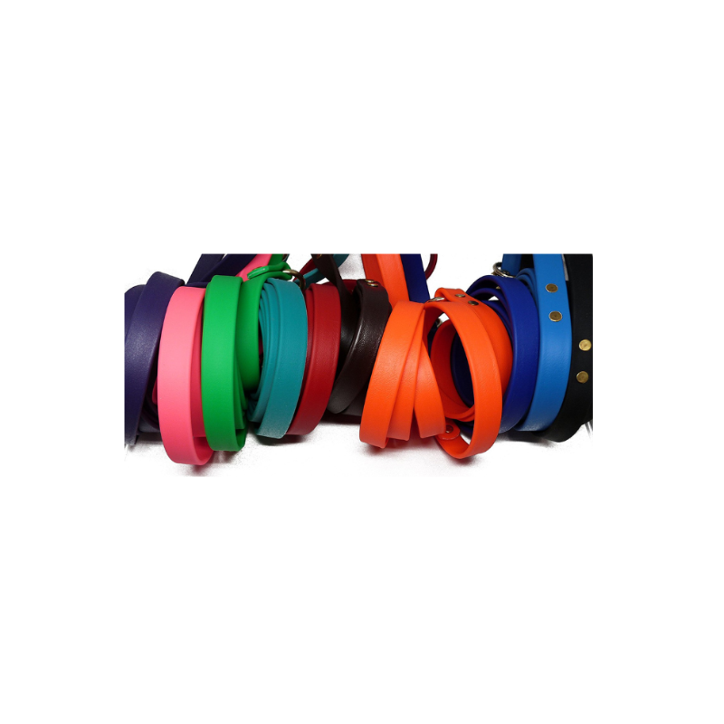 Assorted Biothane dog leashes in multiple colors including green, pink, orange, teal, blue, and black, waterproof and durable for everyday training and walking.