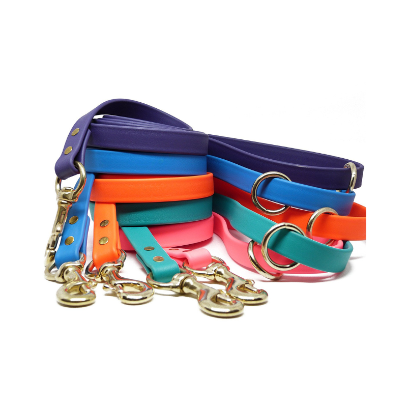 Colorful Biothane dog leashes in purple, blue, orange, teal, and pink with brass snap hooks and D-rings, waterproof and durable training leads for dogs.