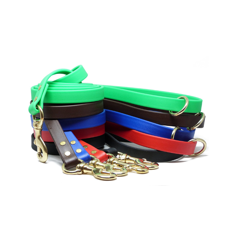 Set of colorful Biothane dog leashes with brass clips and rings, waterproof and durable training leads for all breeds.