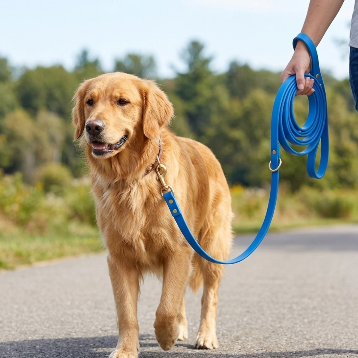 Golden Retriever walking on blue Biothane Dog Training Leash with brass hardware by Jim Hodges Dog Training Inc