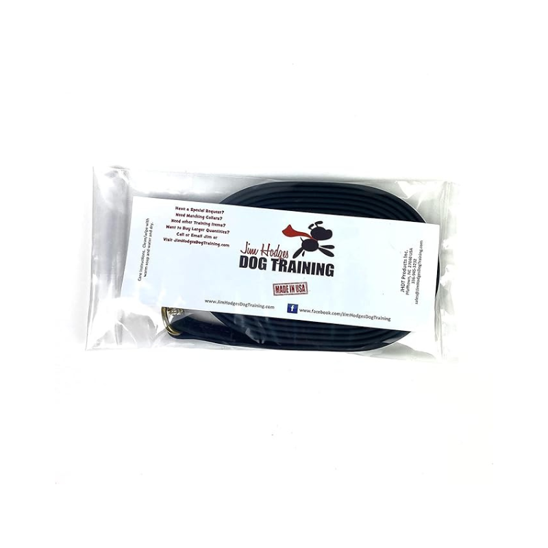 Black Biothane Long Lead Line – waterproof and durable dog training leash with brass clip, packaged by Jim Hodges Dog Training for recall and obedience use.