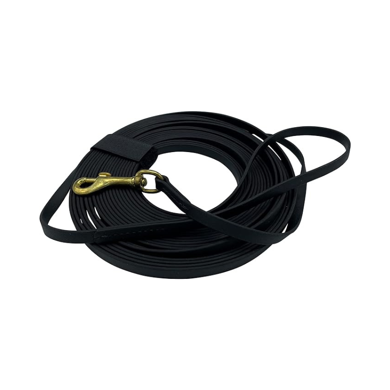 Black Biothane Long Lead Line – waterproof, odor-proof, and durable training leash for dogs with brass clip, ideal for recall and obedience training.