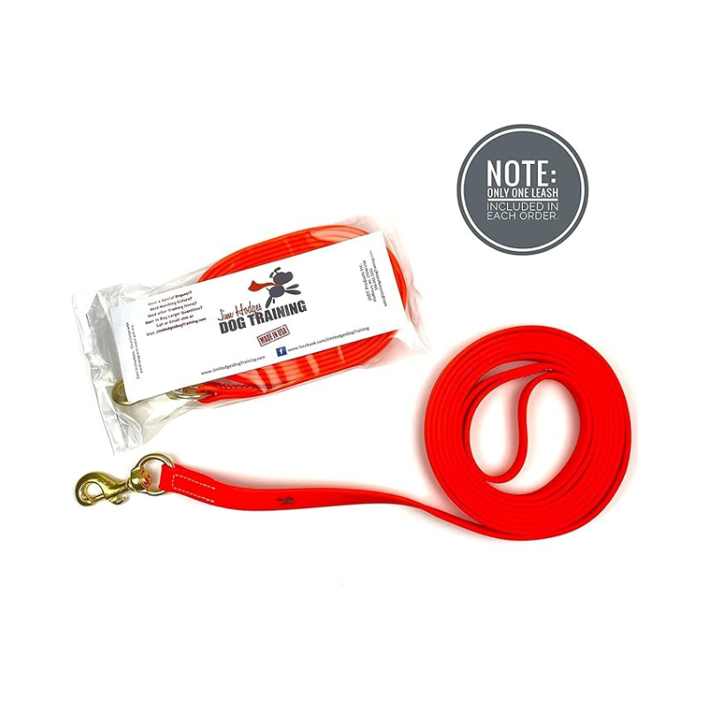 Orange Biothane Long Lead Line – waterproof and durable dog training leash with brass clip, packaged by Jim Hodges Dog Training for recall and obedience use.