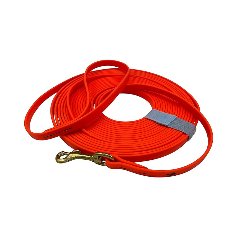 Orange Biothane Long Lead Line – waterproof, odor-proof, and durable training leash with brass clip, ideal for recall, tracking, and obedience training.