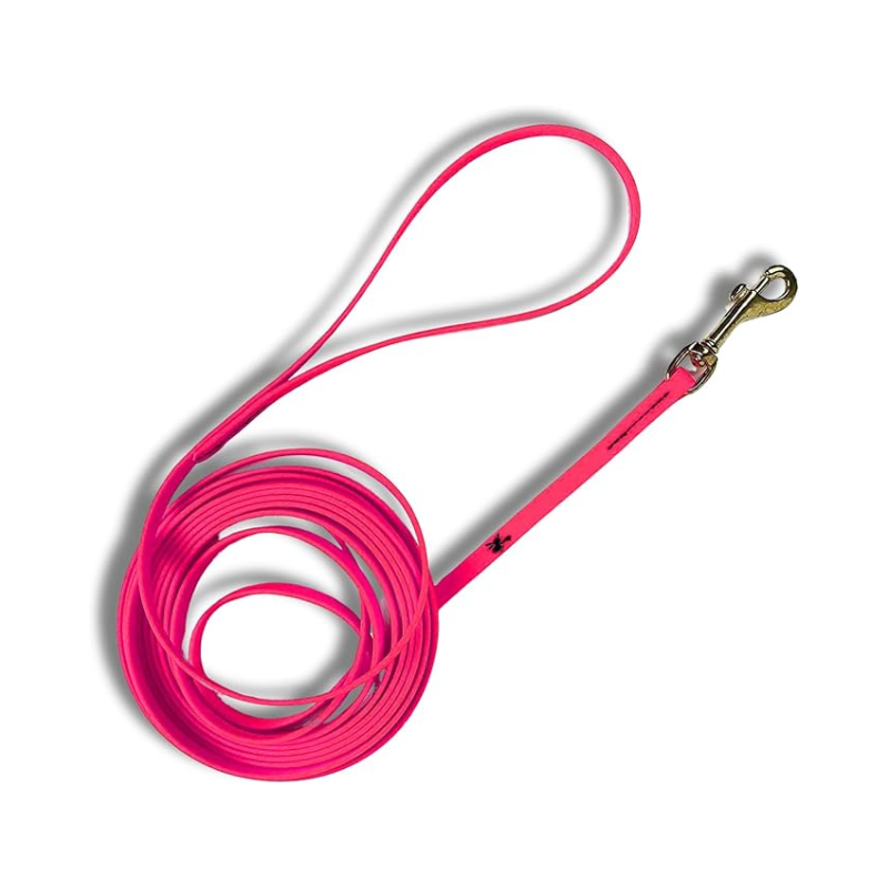 Pink Biothane Long Lead Line – waterproof, odor-proof, and durable training leash for dogs with brass clip, perfect for recall and obedience training.