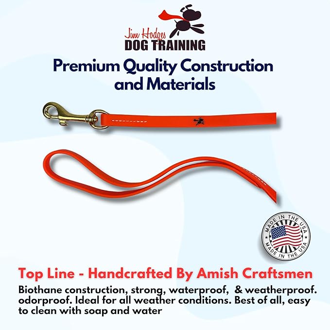 Premium quality Biothane dog long line lead leash** in bright orange with **brass hardware**, handcrafted by **Amish craftsmen** for **dog training**. **Waterproof**, **odorproof**, and **weatherproof** durable **Amish-made** pet gear for **all weather conditions**. **Easy to clean** BioThane construction