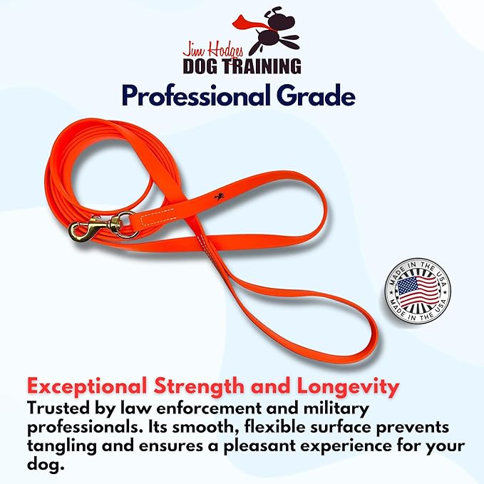 Professional grade Biothane dog long lead line in bright orange with exceptional strength and longevity, trusted by law enforcement and military professionals. Strong, durable, flexible, and tangle-free **BioThane training leash with brass clip hardware. Made in the USA for professional dog training.