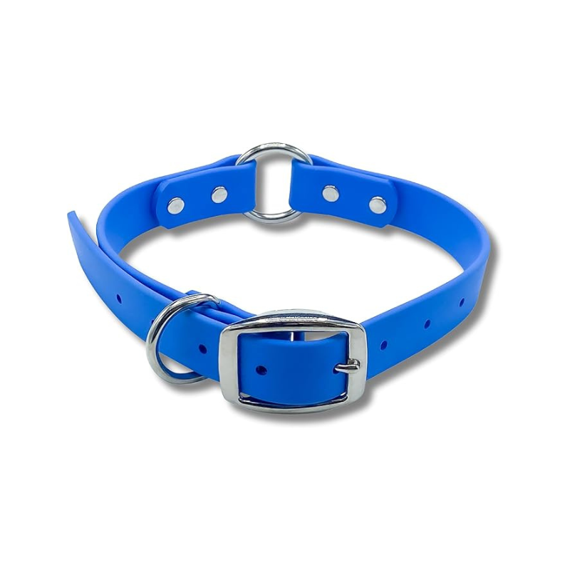 Blue Biothane O Ring Dog Collar Light – waterproof, odor-proof, and easy-to-clean adjustable dog collar with stainless steel buckle and hardware.