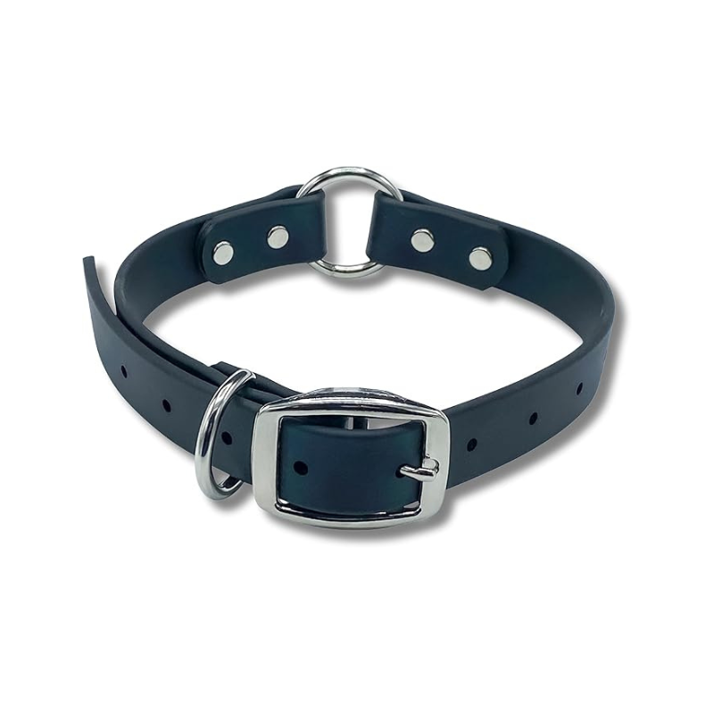 Navy Blue Biothane O Ring Dog Collar – waterproof, odor-proof, and easy-to-clean adjustable collar for dogs with stainless steel buckle and hardware.