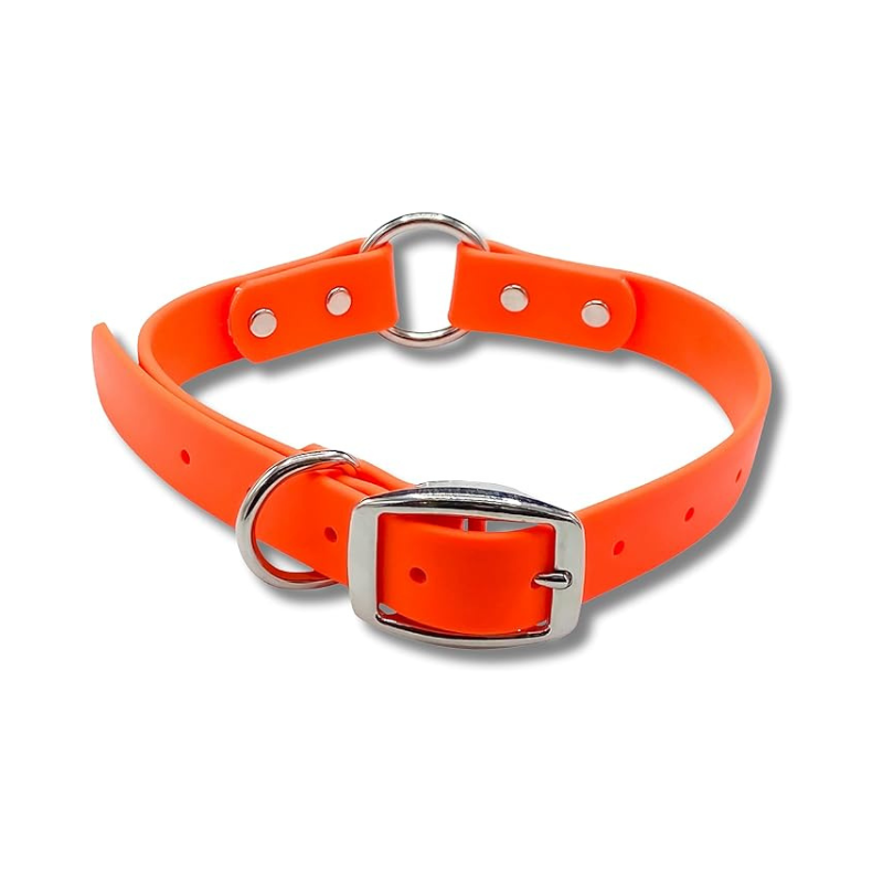 Orange Biothane O Ring Dog Collar Orange – waterproof, odor-proof, and easy-to-clean adjustable collar for dogs with durable stainless steel hardware.