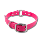 Pink Biothane O Ring Dog Collar Pink – waterproof, odor-proof, and easy-to-clean adjustable collar for dogs with durable stainless steel hardware.