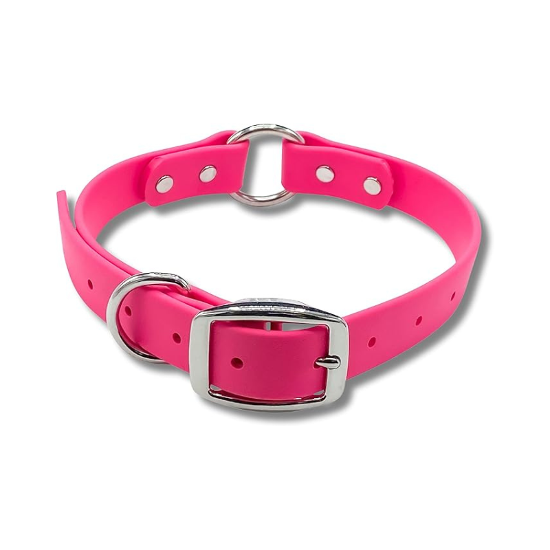 Pink Biothane O Ring Dog Collar Pink – waterproof, odor-proof, and easy-to-clean adjustable collar for dogs with durable stainless steel hardware.