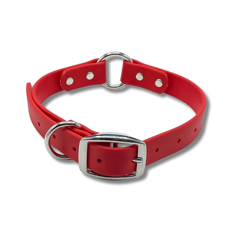 Red Biothane O Ring Dog Collar – waterproof, odor-proof, and easy-to-clean adjustable dog collar with stainless steel hardware.