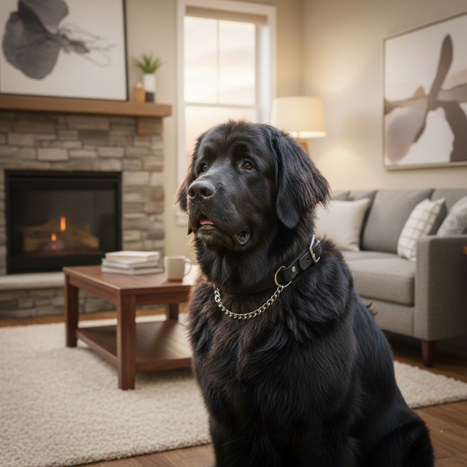 Black dog sitting indoors wearing a durable training collar, shown in a living room setting.