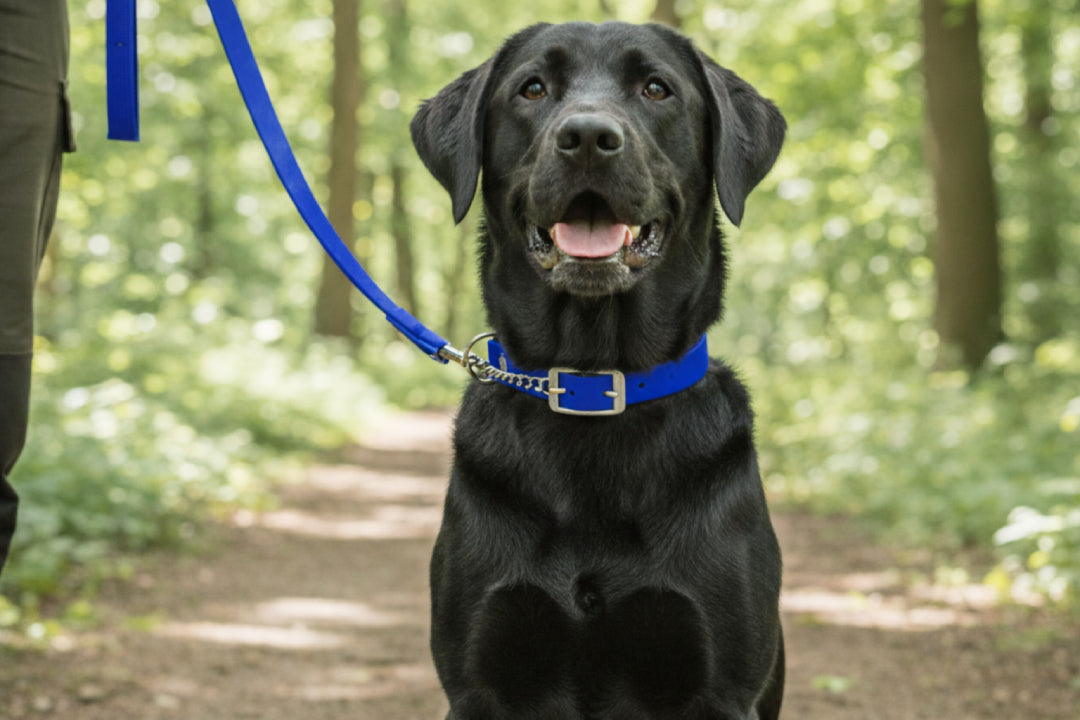 Black Labrador wearing blue martingale collar on leash during outdoor dog training walk on wooded trail.