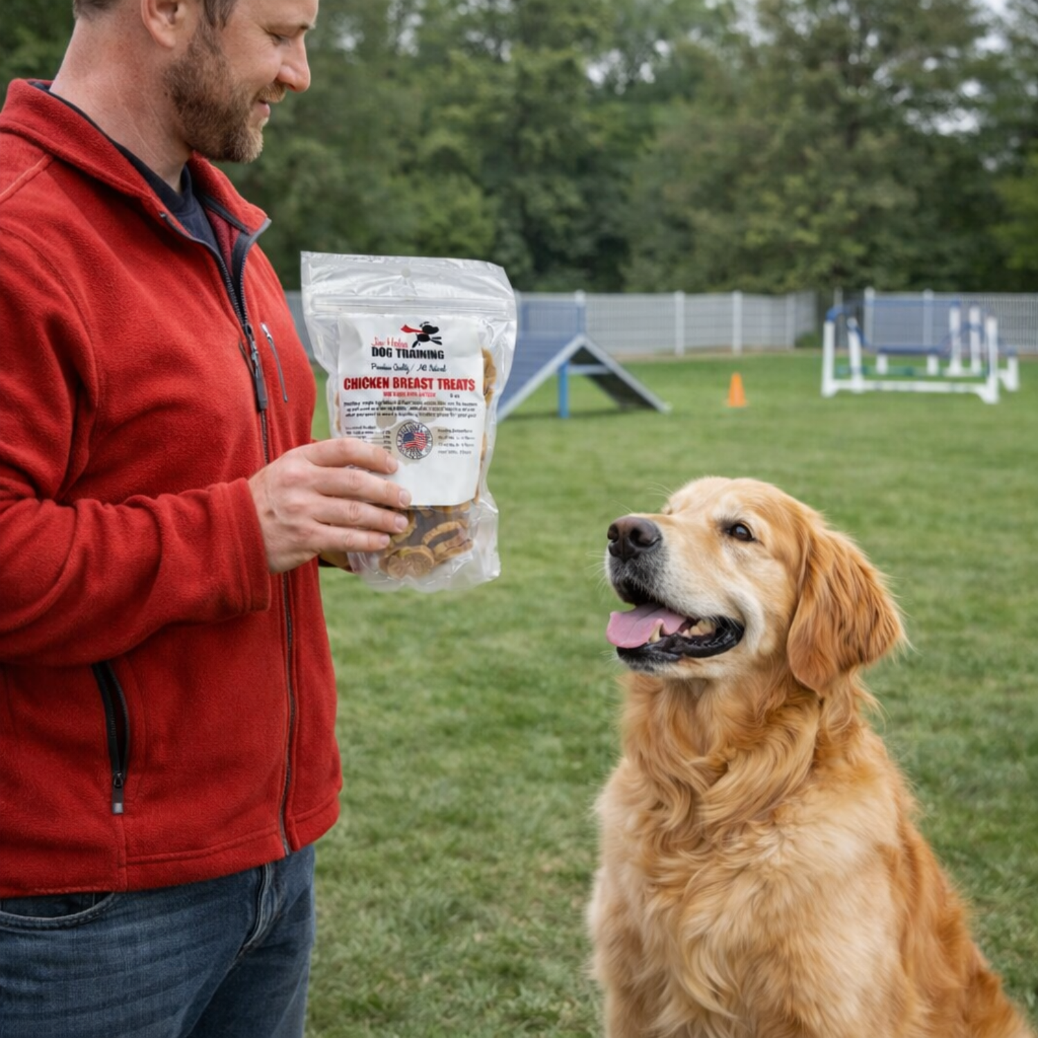 Dog trainer holding a bag of chicken breast dog training treats while working with a golden retriever on a training field