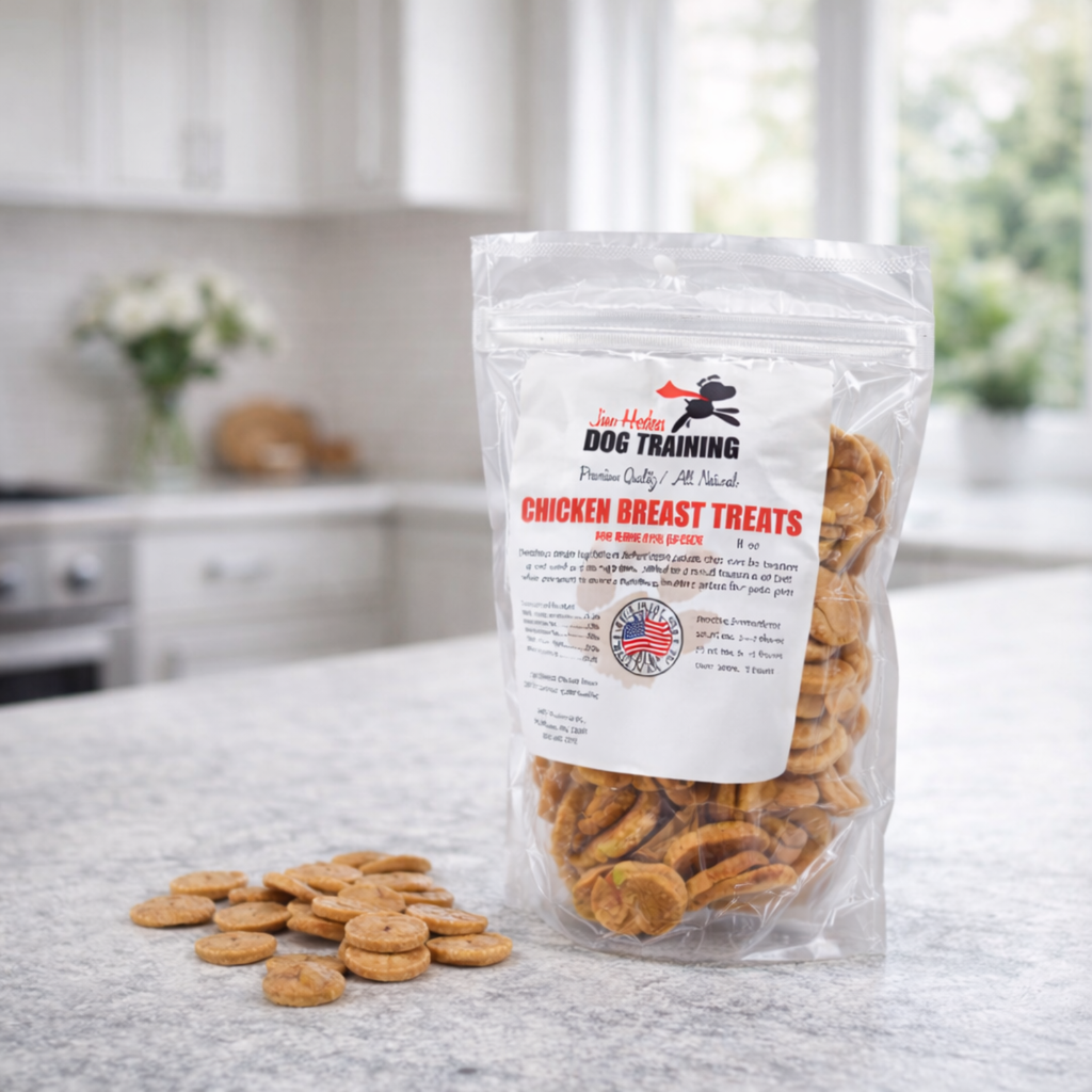 Chicken breast dog training treats in a resealable bag displayed on a kitchen counter with individual treats beside it