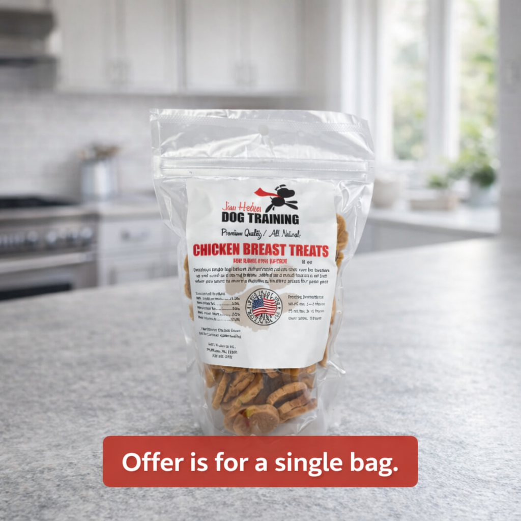 Chicken breast dog training treats in a clear resealable bag on a kitchen counter with text stating offer is for a single bag
