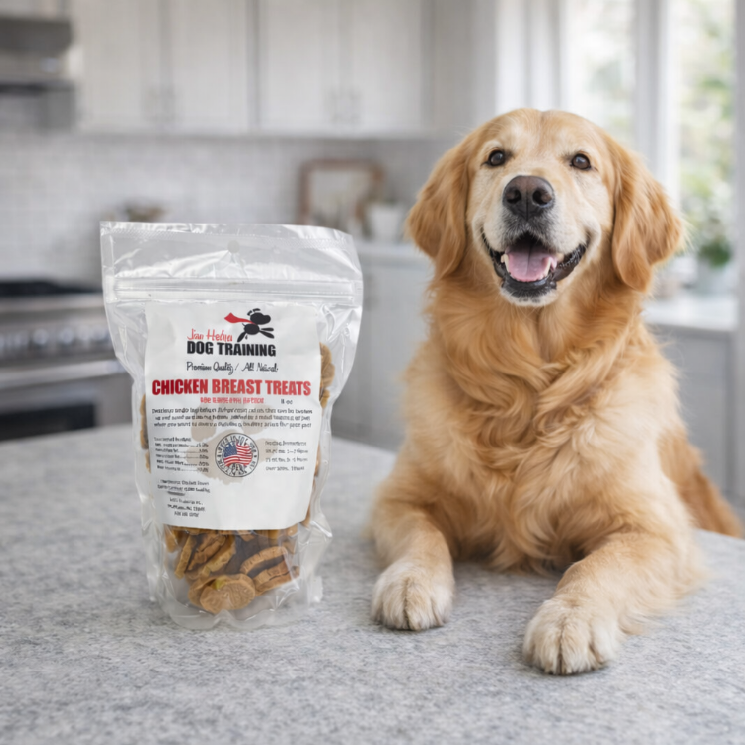 Chicken breast dog training treats in a resealable bag next to a golden retriever on a kitchen counter
