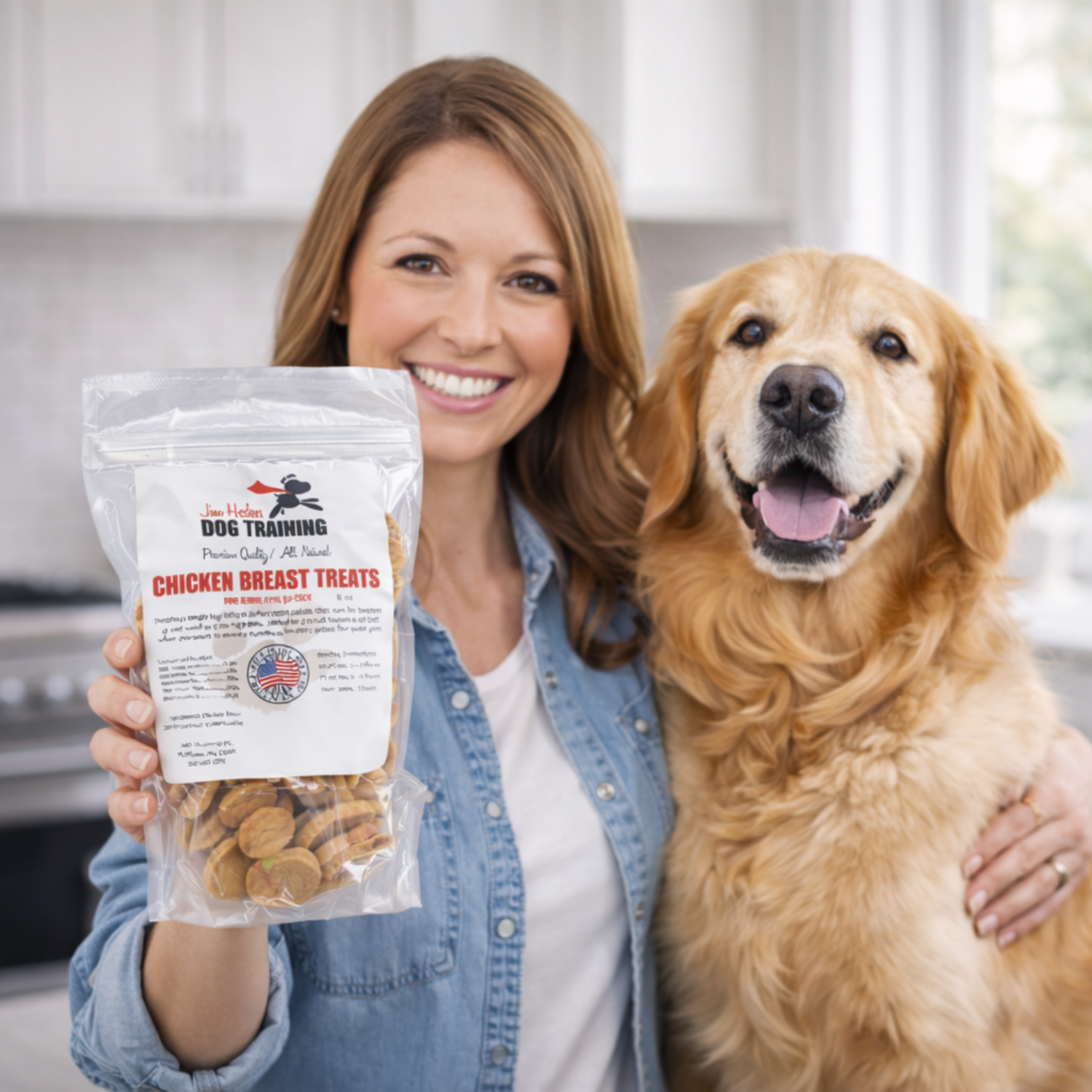 Woman holding a bag of chicken breast dog training treats next to her golden retriever in a kitchen setting