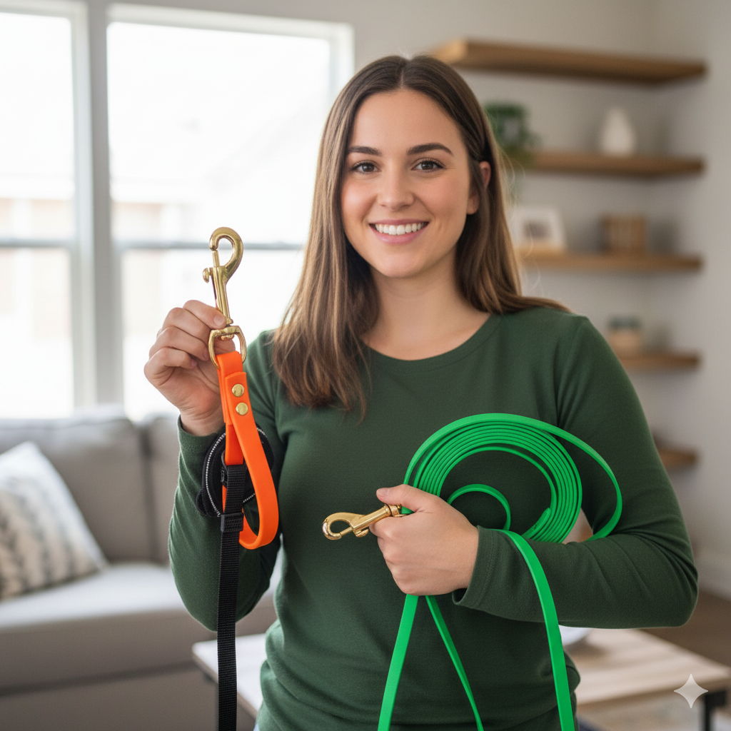 A smiling customer in a modern living room holds up two new dog products: an orange Pull Tab for Training and Behavior in one hand and a coiled green Biothane Long Lead Line in the other