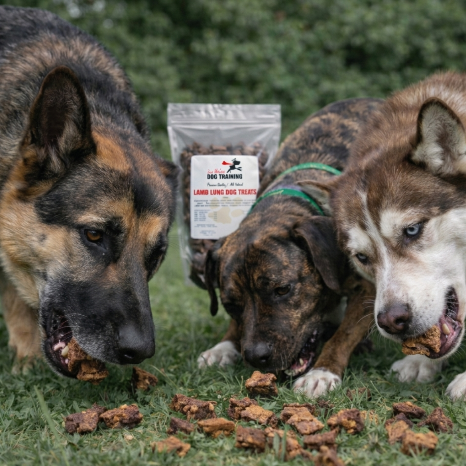 Three dogs of different breeds enjoying natural lamb lung dog treats outdoors, a single-ingredient high-protein training snack made from dehydrated lamb.