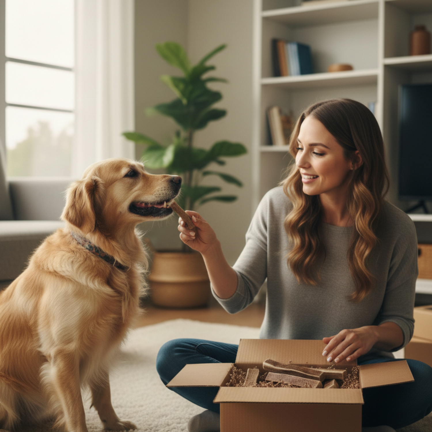 Woman giving a golden retriever a natural elk antler dog chew indoors, showcasing Grade A premium elk antler treats in a home setting
