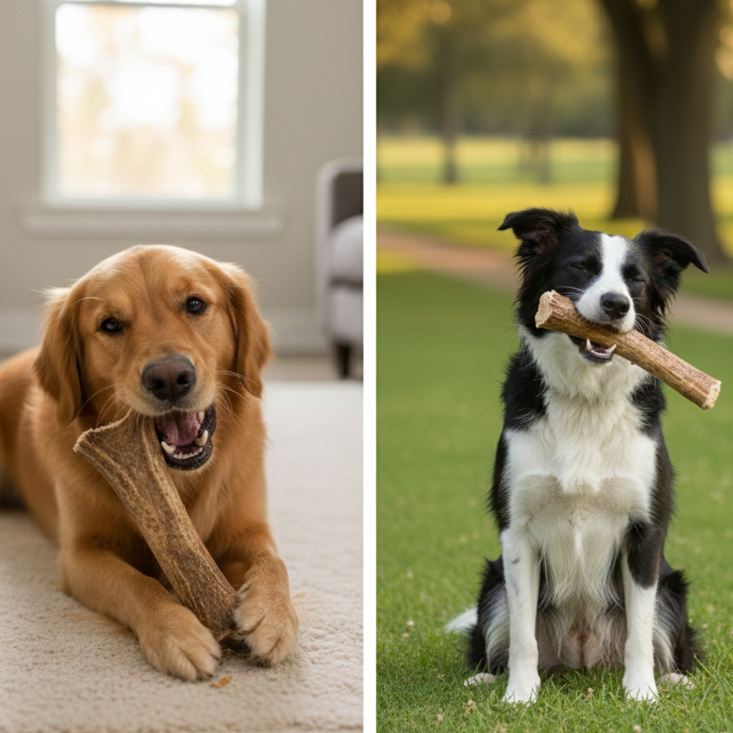 Two dogs chewing natural elk antler dog chews, showing indoor and outdoor use with premium Grade A whole elk antlers for dogs of different sizes