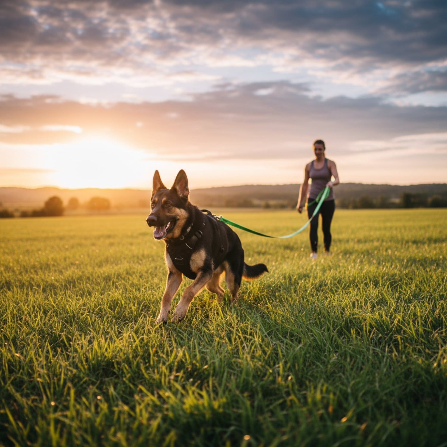 German Shepherd on a durable long dog leash being walked in an open field during sunset.