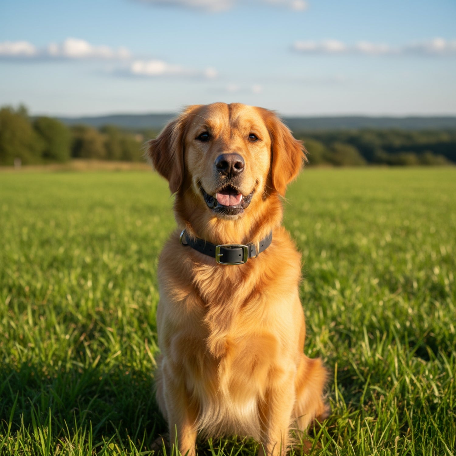 Golden retriever outdoors wearing a durable dark dog collar in an open grassy field.