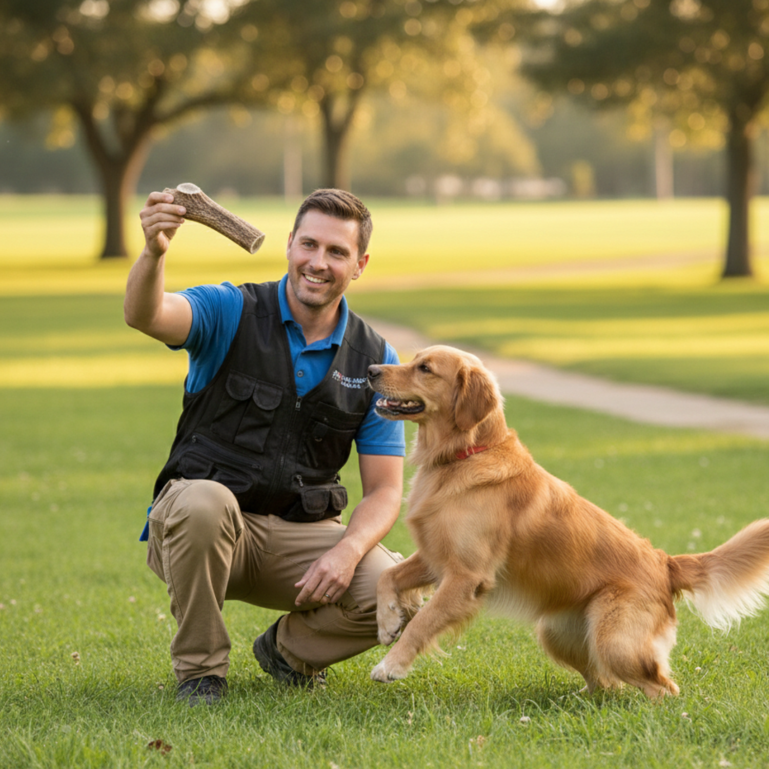 Man training a golden retriever outdoors while holding a natural elk antler dog chew, demonstrating a durable Grade A whole elk antler treat for dogs