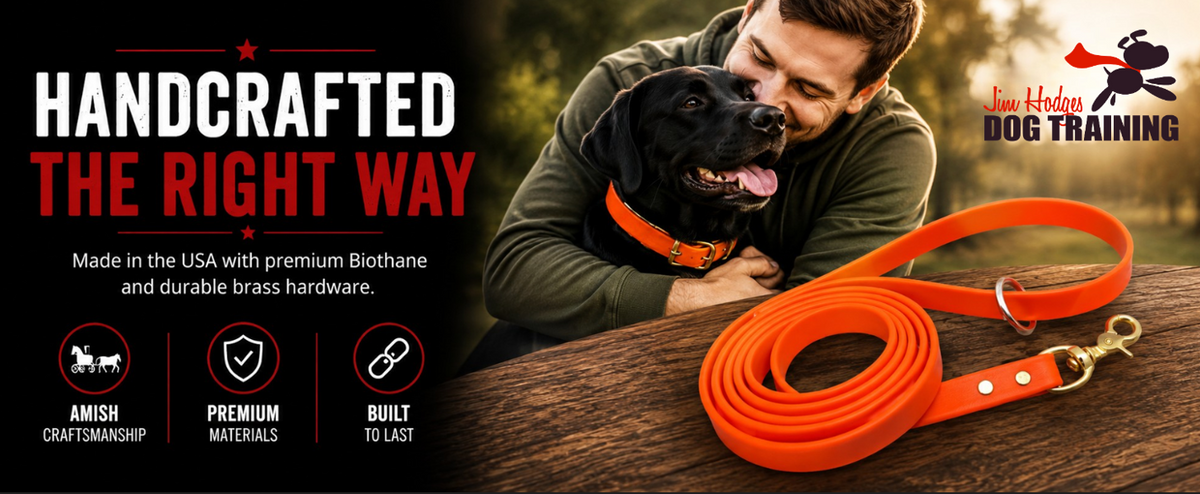 Jim Hodges Dog Training handcrafted Biothane dog leash made in USA with premium brass hardware and durable waterproof material. Heavy-duty orange K9 training leash displayed with black Labrador dog and trainer outdoors. Ideal for professional dog training, obedience work, walking, and everyday use. Features Amish craftsmanship, premium materials, and long-lasting durability for all dog breeds.