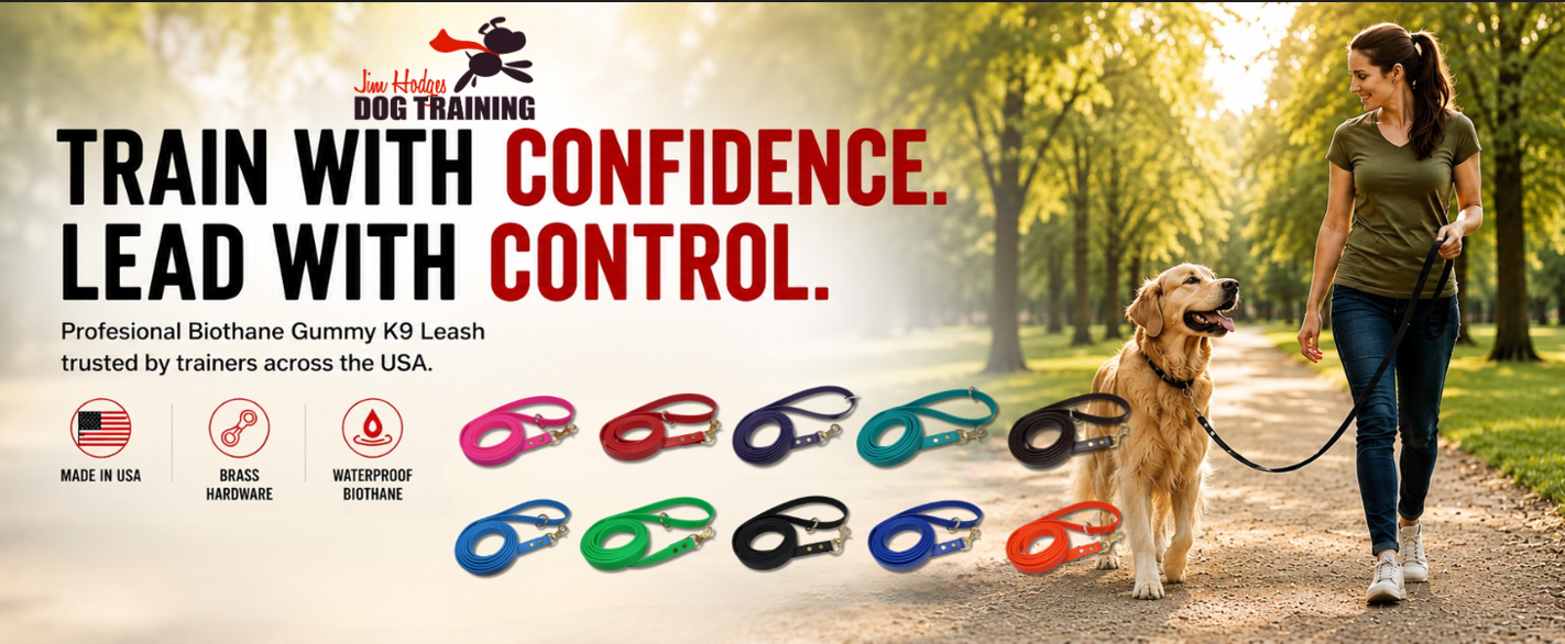 Jim Hodges Dog Training Biothane Gummy K9 leash collection featuring waterproof dog training leashes with brass hardware, made in USA. Professional dog trainer walking a Golden Retriever in park using durable Biothane leash. Available in multiple colors including pink, red, blue, green, black, teal, orange, and purple. Ideal for obedience training, walking, and K9 handling.