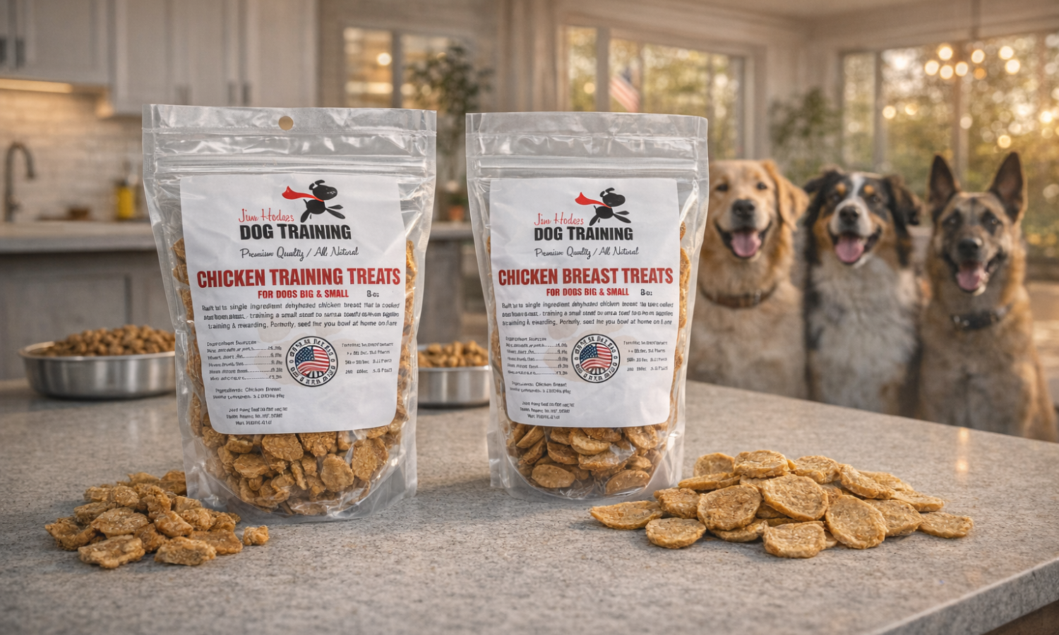 Jim Hodges Dog Training Chicken Training Treats and Chicken Breast Treats displayed on a kitchen countertop in a modern American home, with dogs in the background. All natural, single ingredient dehydrated chicken dog treats for dogs of all sizes.