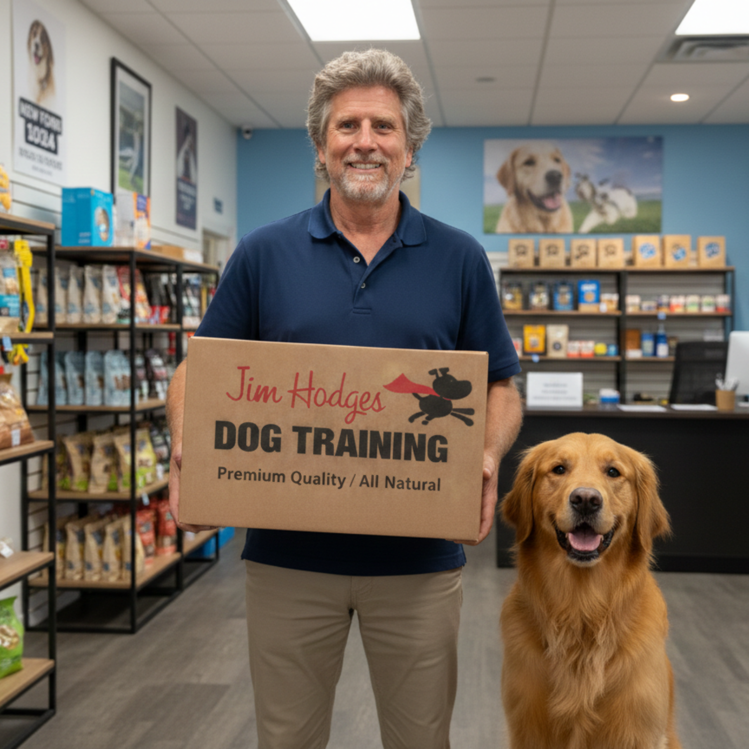 Jim Hodges, owner of Jim Hodges Dog Training, wearing a navy polo shirt and holding a cardboard box with the company logo and "Premium Quality / All Natural" tagline, standing next to a Golden Retriever in a pet supply store.